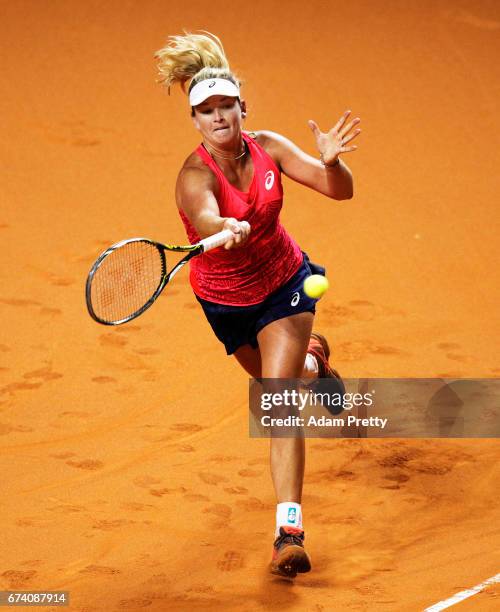 Coco Vandeweghe of the USA plays a backhand during her match against Karolina Pliskova of the Czech Republic during the Porsche Tennis Grand Prix at...