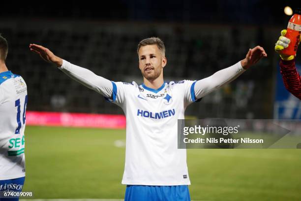 Filip Dagerstal of IFK Norrkoping celebrates after the victory during the Allsvenskan match between IFK Norrkoping and Jonkopings Sodra IF at...