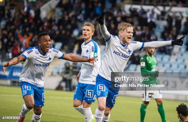 Kalle Holmberg of IFK Norrkoping celebrates after scoring to 2-0 during the Allsvenskan match between IFK Norrkoping and Jonkopings Sodra IF at...