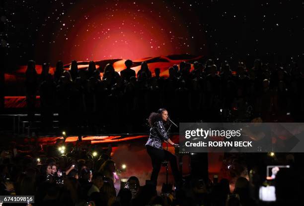 Alicia Keys performs on stage at WE Day California, April 27, 2017 at The Forum in Inglewood,California. WE Day California is a celebrity-studded...