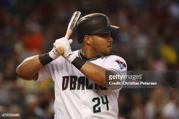 Yasmany Tomas of the Arizona Diamondbacks bats against the Los Angeles Dodgers during the MLB game at Chase Field on April 21, 2017 in Phoenix,...