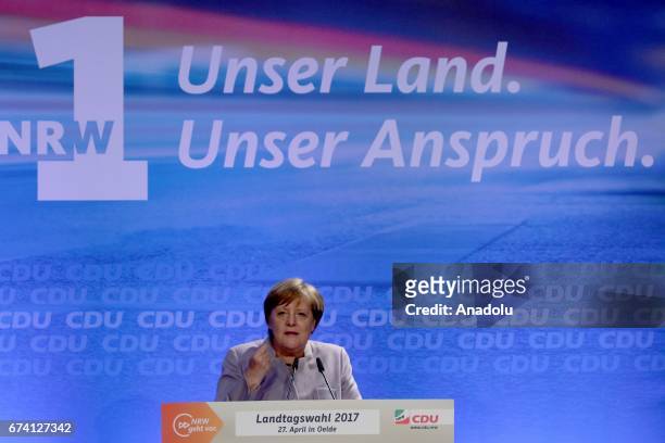 German Chancellor Angela Merkel gives a speech at an election campaign supporting CDU's top candidate Armin Laschet of the CDU for upcoming...