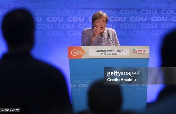 German Chancellor Angela Merkel gives a speech at an election campaign supporting CDU's top candidate Armin Laschet of the CDU for upcoming...