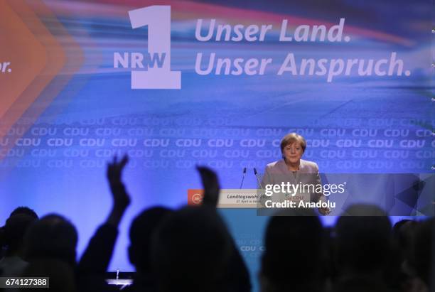 German Chancellor Angela Merkel gives a speech at an election campaign supporting CDU's top candidate Armin Laschet of the CDU for upcoming...