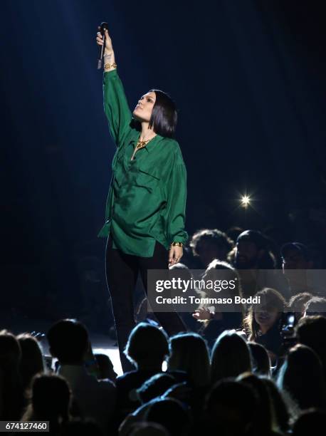 Singer Jessie J performs onstage at WE Day California to celebrate young people changing the world at The Forum on April 27, 2017 in Inglewood,...