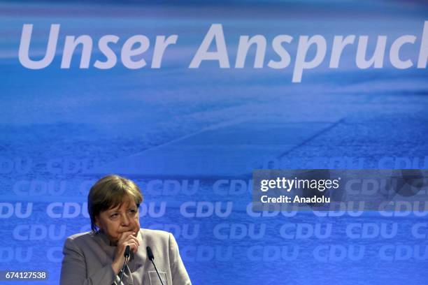 German Chancellor Angela Merkel gives a speech at an election campaign supporting CDU's top candidate Armin Laschet of the CDU for upcoming...