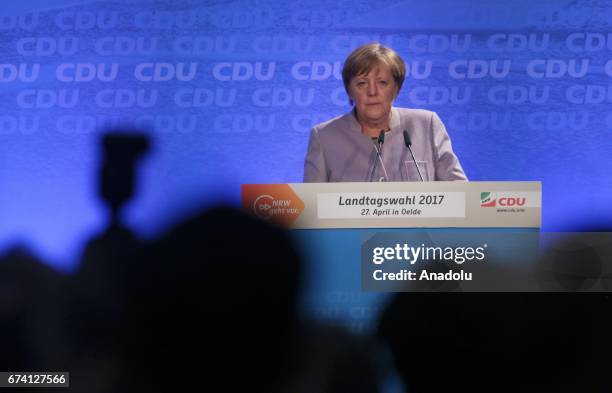 German Chancellor Angela Merkel gives a speech at an election campaign supporting CDU's top candidate Armin Laschet of the CDU for upcoming...