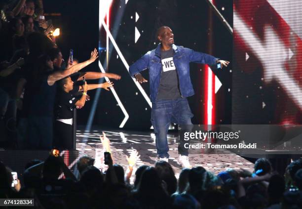 Tyrese Gibson speaks onstage at WE Day California to celebrate young people changing the world at The Forum on April 27, 2017 in Inglewood,...