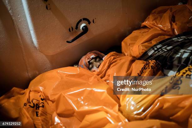 February 22nd 2017. Migrants squeezed togheter sleep on board the Aquarius squeezed togheter. Due to the low winter temperatures, the Aquarius crew...