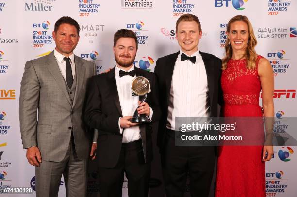 The Goat Agency pose with the Young Agency of the Year award and Steve Backshall and Helen Glover during the BT Sport Industry Awards 2017 at...