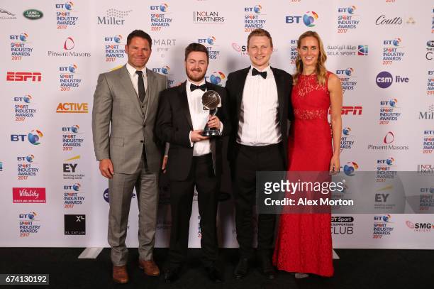 The Goat Agency pose with the Young Agency of the Year award and Steve Backshall and Helen Glover during the BT Sport Industry Awards 2017 at...