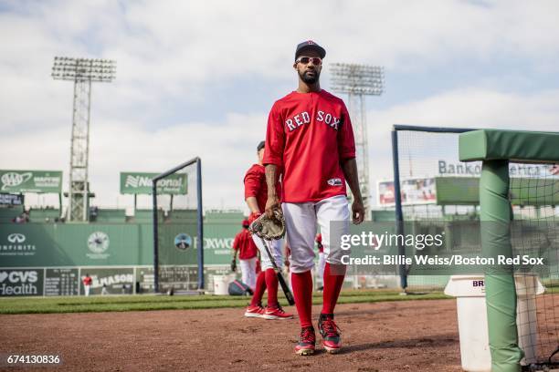 Chris Young of the Boston Red Sox walks toward the dugout before a game against the New York Yankees on April 27, 2017 at Fenway Park in Boston,...