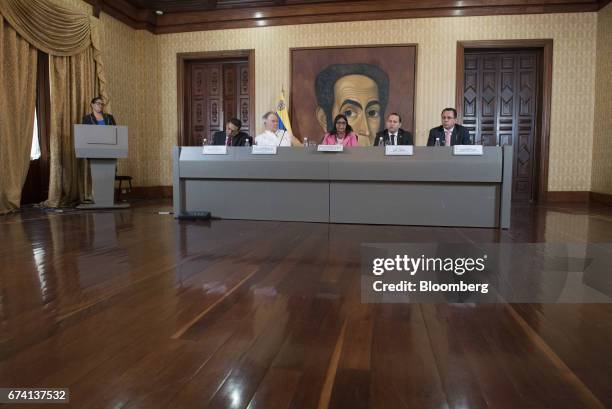 Delcy Rodriguez, Venezuela's minister of foreign affairs, center, speaks during a press conference in Caracas, Venezuela, on Thursday, April 27,...