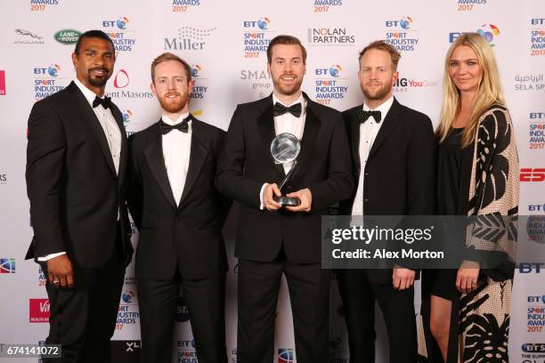 Adidas Football for Pogba X Stormzy pose with the Social Media Campaign of the Year award and David Haye and Jodie Kidd during the BT Sport Industry...