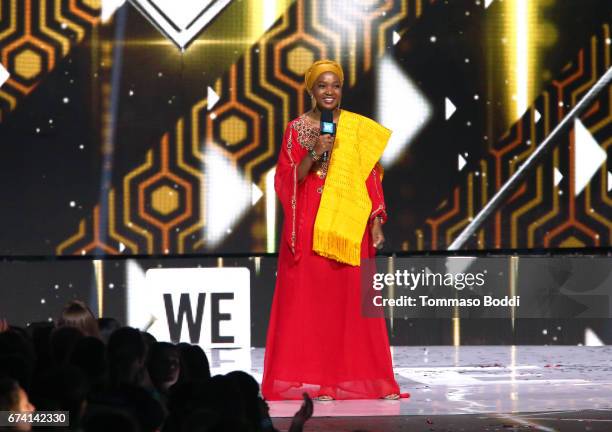 Motivational speaker Mpumi Nobiva speaks onstage at WE Day California to celebrate young people changing the world at The Forum on April 27, 2017 in...