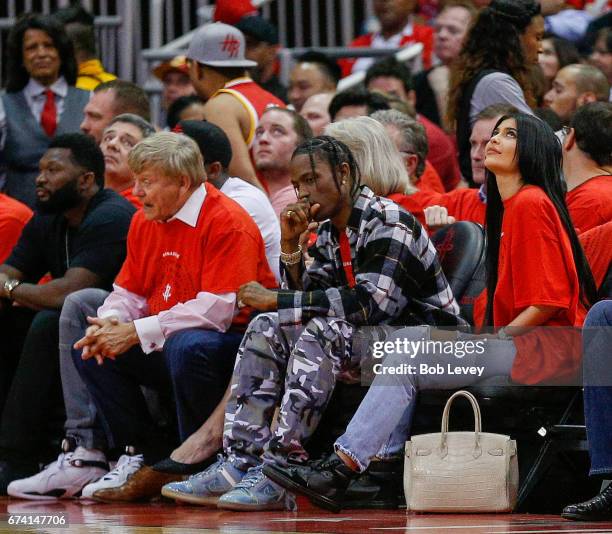 Travis Scott and Kylie Jenner courtside during Game Five of the Western Conference Quarterfinals game of the 2017 NBA Playoffs at Toyota Center on...