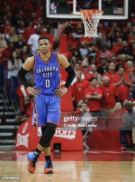 Russell Westbrook of the Oklahoma City Thunder during Game Five of the Western Conference Quarterfinals game of the 2017 NBA Playoffs at Toyota...