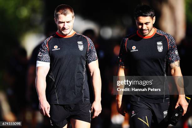 Kieran Foran and Shaun Johnson arrive for a New Zealand Warriors NRL training session at Mt Smart Stadium on April 28, 2017 in Auckland, New Zealand.