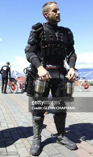 British inventor Richard Browning speaks to the media at a TED conference in Vancouver, Canada, on April 27, 2017. Using thrusters attached to his...