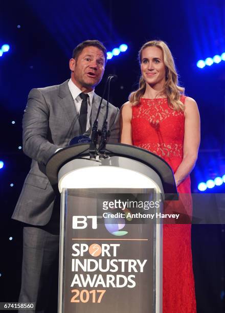 Steve Backshall and Helen Glover present the Young Agency of the Year award during the BT Sport Industry Awards 2017 at Battersea Evolution on April...