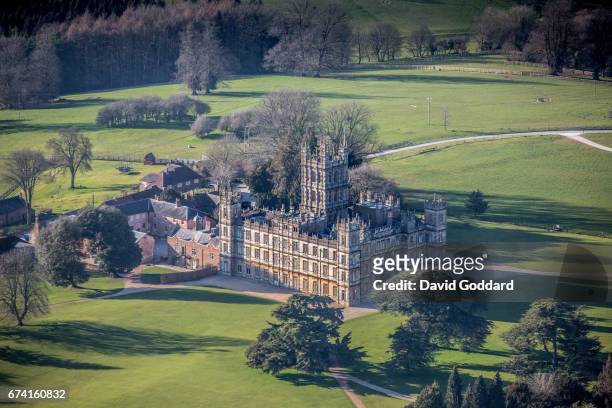 Aerial photograph of Highclere Castle, the offical residence of the Earl of Carnarvon on April 07, 2015. This Jacobean style stately home was...