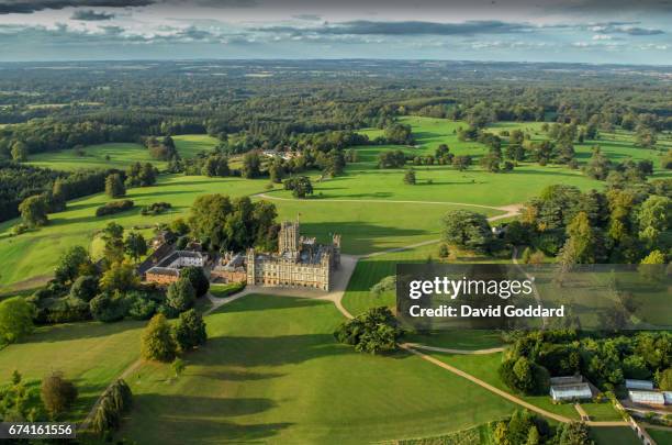 Aerial photograph of Highclere Castle, the offical residence of the Earl of Carnarvon on April 07, 2015. This Jacobean style stately home was...