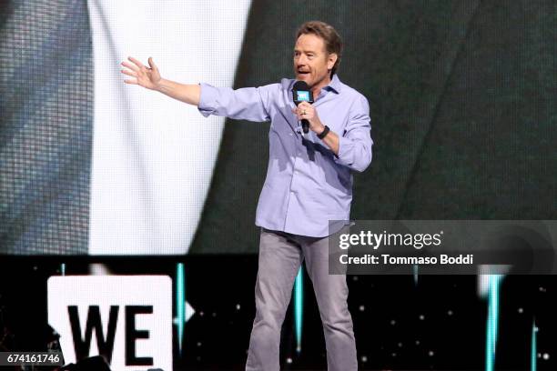 Actor Bryan Cranston speaks osntage at WE Day California to celebrate young people changing the world at The Forum on April 27, 2017 in Inglewood,...