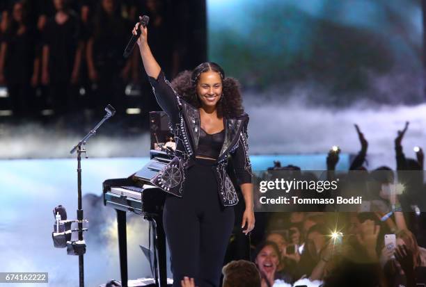 Singer Alicia Keys performs onstage at WE Day California to celebrate young people changing the world at The Forum on April 27, 2017 in Inglewood,...