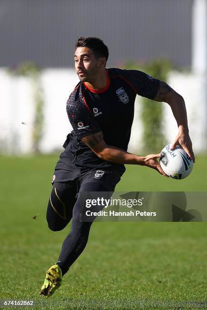 Shaun Johnson runs through drills during a New Zealand Warriors NRL training session at Mt Smart Stadium on April 28, 2017 in Auckland, New Zealand.