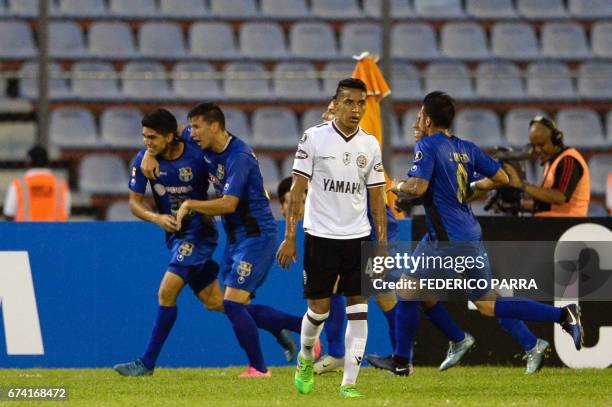 Daniel Rivillo of Venezuela's Zulia celebrates with teammates after scoring against Argentina's Lanus during their Copa Libertadores 2017 football...