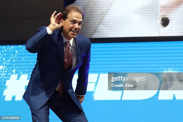 Nick Saban, head football coach at the University of Alabama, poses on stage prior to the first round of the 2017 NFL Draft at the Philadelphia...