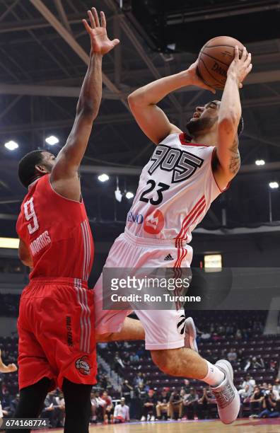 Fred VanVleet of the Raptors 905 shoots over Darius Morris of the Rio Grande Valley Vipers during the first quarter of Game Three of the D-League...