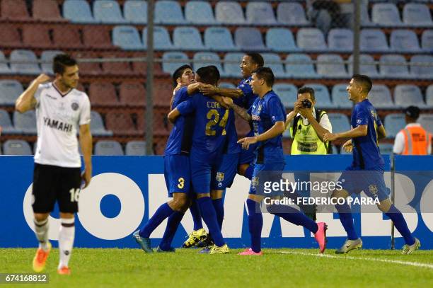 Daniel Rivillo of Venezuela's Zulia celebrates with teammates after scoring against Argentina's Lanus during their Copa Libertadores 2017 football...
