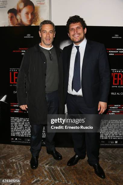 Massimo Poggio and director Giuseppe Alessio Nuzzo attends a photocall for 'Le Verita' on April 27, 2017 in Rome, Italy.