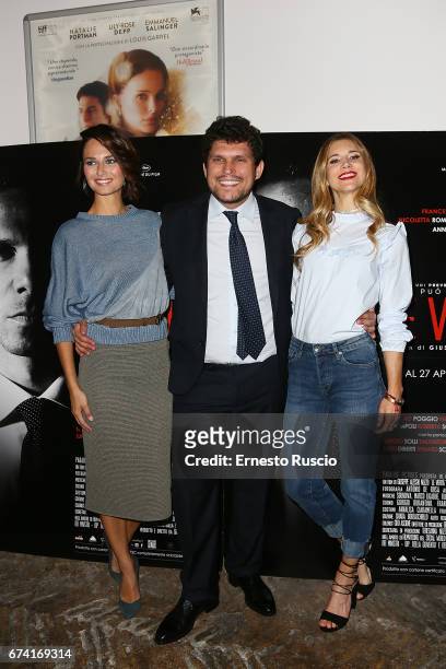 Anna Safroncik, director Giuseppe Alessio Nuzzo and Nicoletta Romanoff attend a photocall for 'Le Verita' on April 27, 2017 in Rome, Italy.