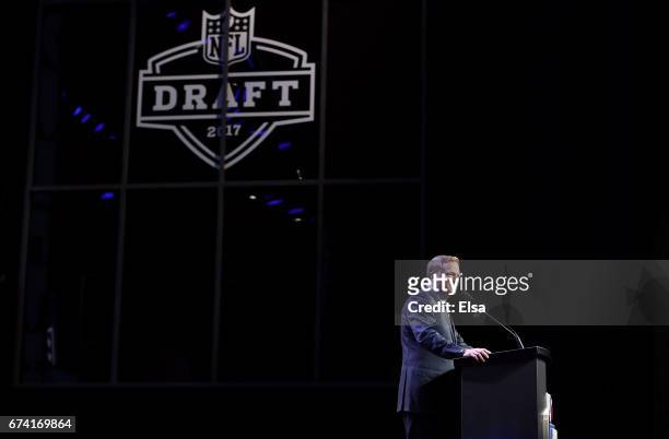 Commissioner of the National Football League Roger Goodell speaks during the first round of the 2017 NFL Draft at the Philadelphia Museum of Art on...