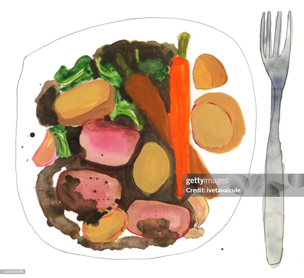 Roast beef and vegetables dinner plate