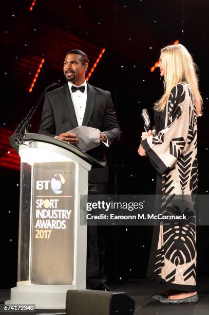 David Haye and Jodie Kidd present the Social Media Campaign of the Year award during the BT Sport Industry Awards 2017 at Battersea Evolution on...