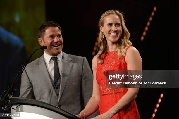 Steve Backshall and Helen Glover present the Young Agency of the Year award during the BT Sport Industry Awards 2017 at Battersea Evolution on April...