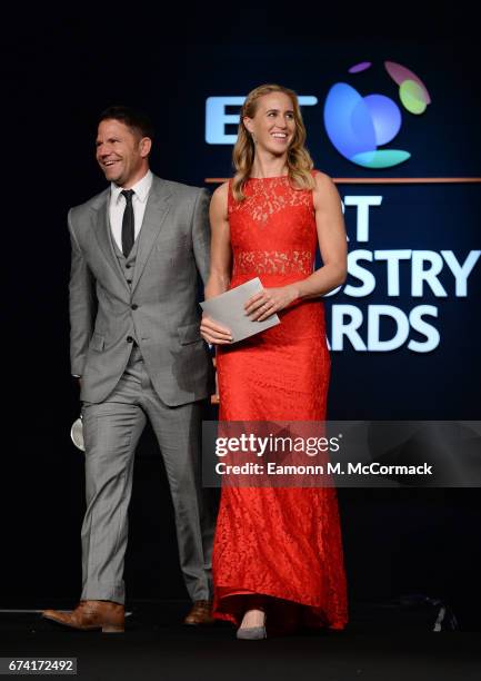 Steve Backshall and Helen Glover present the Young Agency of the Year award during the BT Sport Industry Awards 2017 at Battersea Evolution on April...