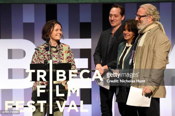 Director Kristin Ulseth accepts the award for Best Animated Short from Jurors Brennan Brown, Amy Heckerling and Udi Aloni during Awards Night during...