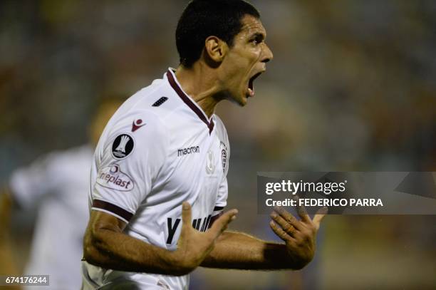 Jose Sand of Argentina's Lanus, celebrates after scoring against Venezuela's Zulia, during their Copa Libertadores 2017 football match held at the...