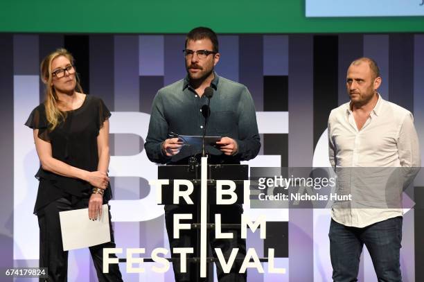 Jurors Amy Berg, Zachary Quinto and Shaul Scwarz present the New Documentary Award onstage during Awards Night during the 2017 Tribeca Film Festival...