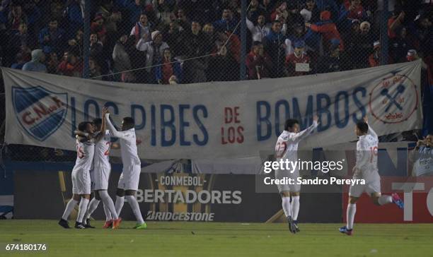 Players of Nacional celebrate their goal during a match between Nacional and Chapecoense as part of Copa CONMEBOL Libertadores 2017 at Gran Parque...