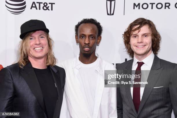 Bryan Buckley, Barkhad Abdi, and Evan Peters attend the "Dabka" Premiere during the 2017 Tribeca Film Festival at SVA Theater on April 27, 2017 in...