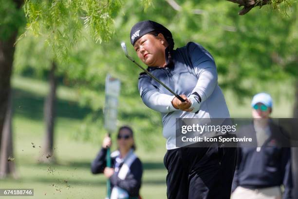 Christina Kim hits her ball out of the 18th rough during the first round of the LPGA Volunteers of America Texas Shootout on April 27, 2017 at Las...