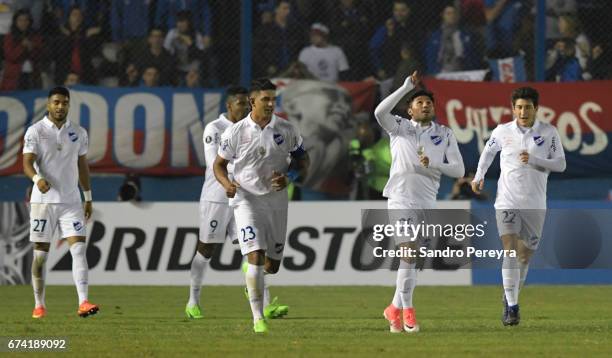 Tabare Viudez of Nacional celebrates his score, the third of his team during a match between Nacional and Chapecoense as part of Copa CONMEBOL...