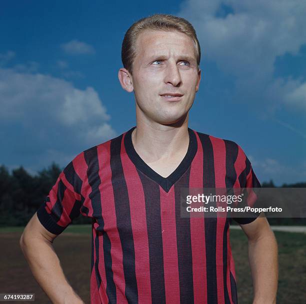 Italian professional footballer and defensive midfielder with A C Milan, Giovanni Trapattoni pictured during a training session in Milan in January...