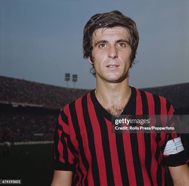 Italian professional footballer and midfielder with A C Milan, Gianni Rivera pictured on the pitch inside the San Siro stadium in Milan in January...