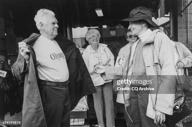 Rep. Olympia Snowe, R-Maine, greeted by a "flasher" during Maine Senate race in 1994.